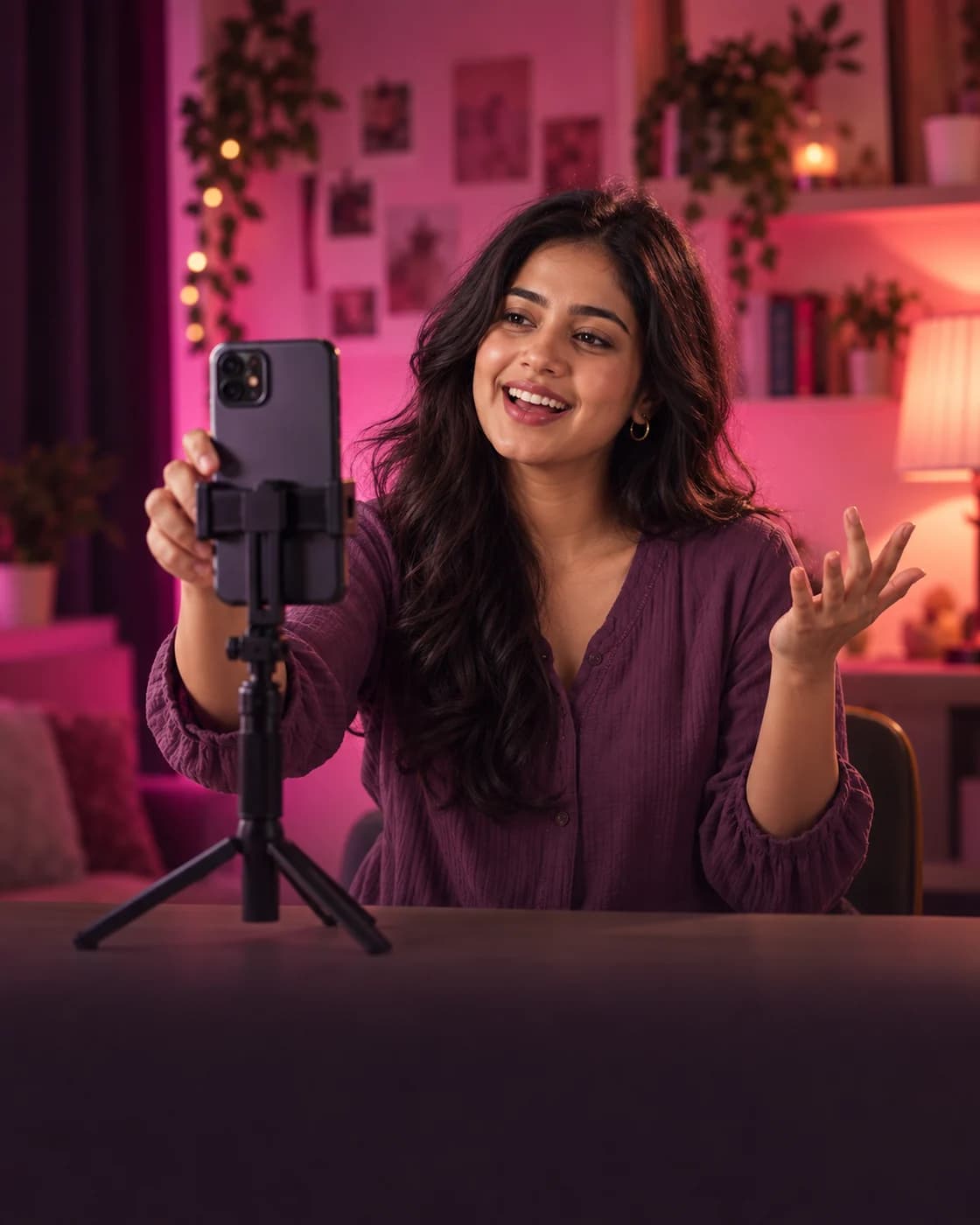 A creator smiling while recording her original reel in a warm plum and pink studio
