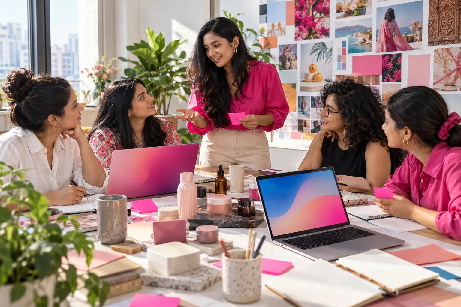A brand team plans a creator campaign around a table with a mood board