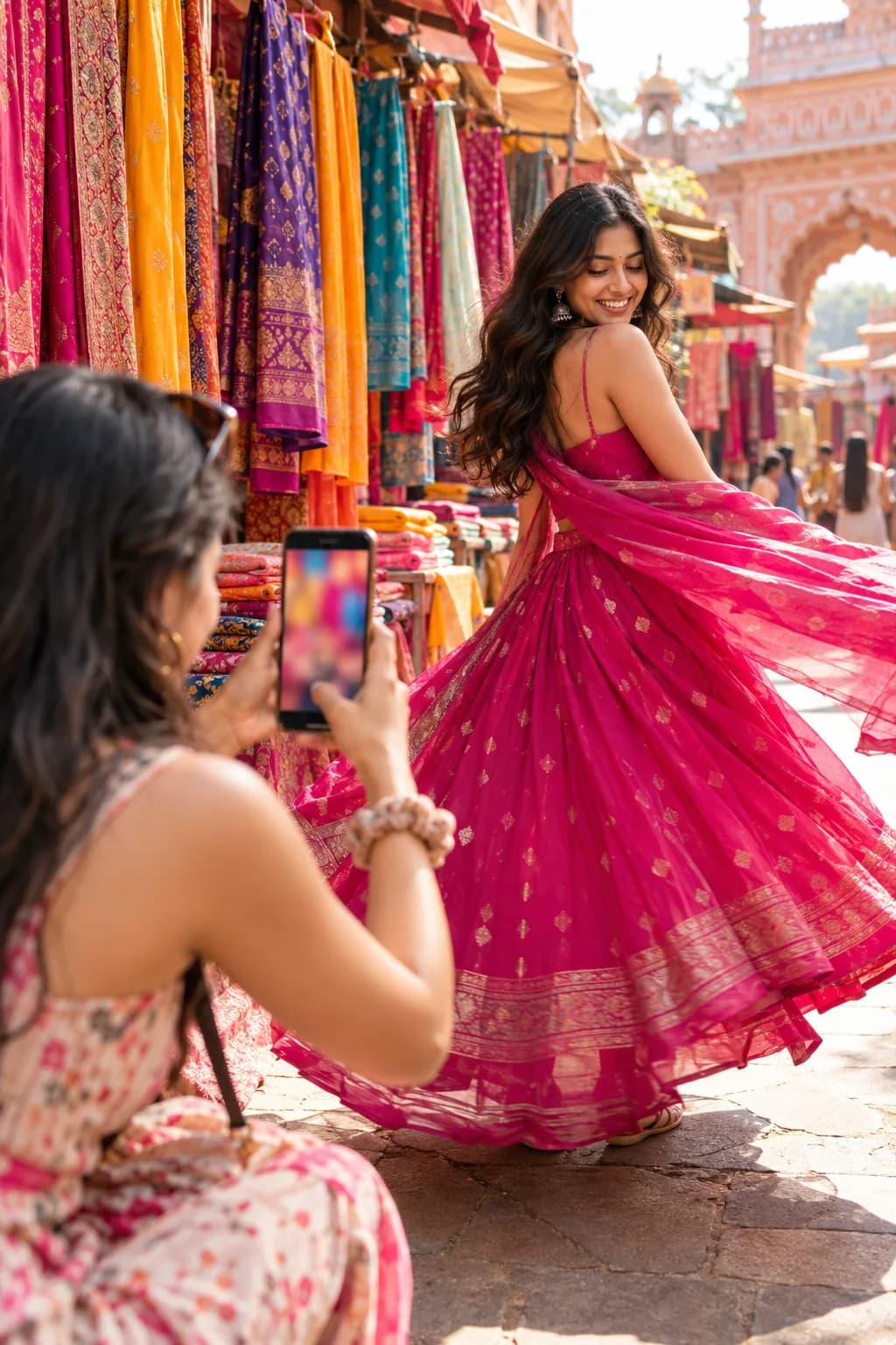 A friend films an outfit-twirl reel in a textile bazaar