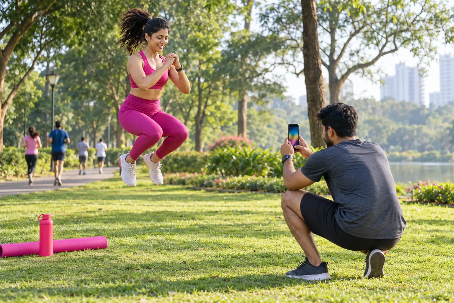 A creator jumps mid-workout while a friend films a fitness reel in a park