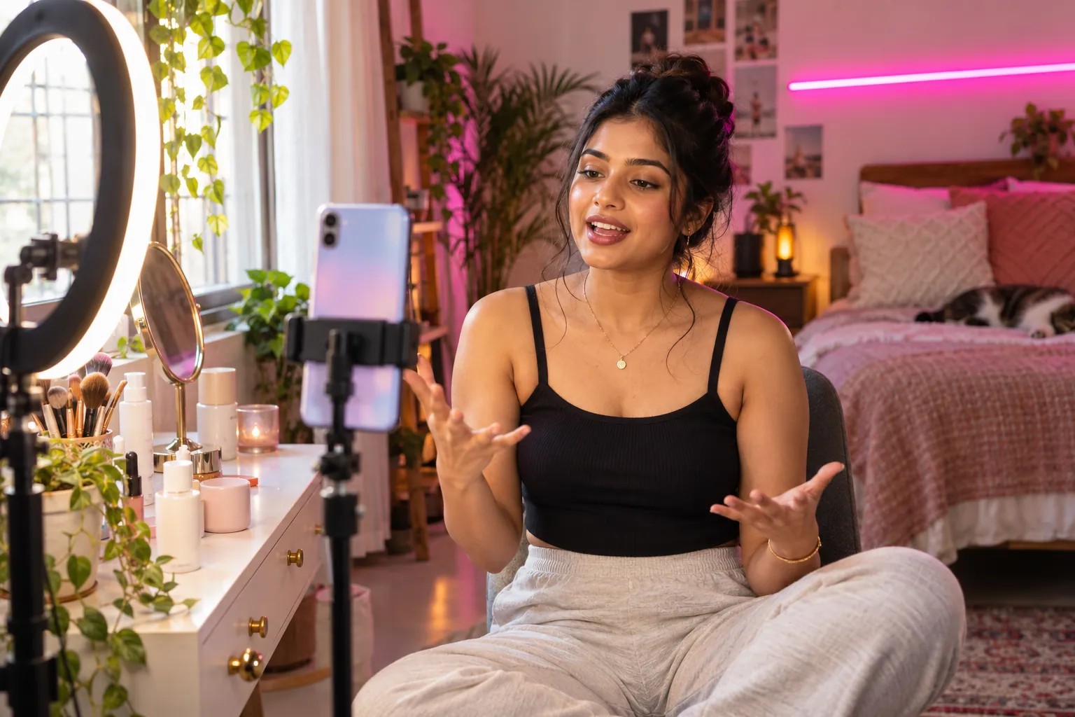 A creator records a reel in her bedroom studio with a ring light