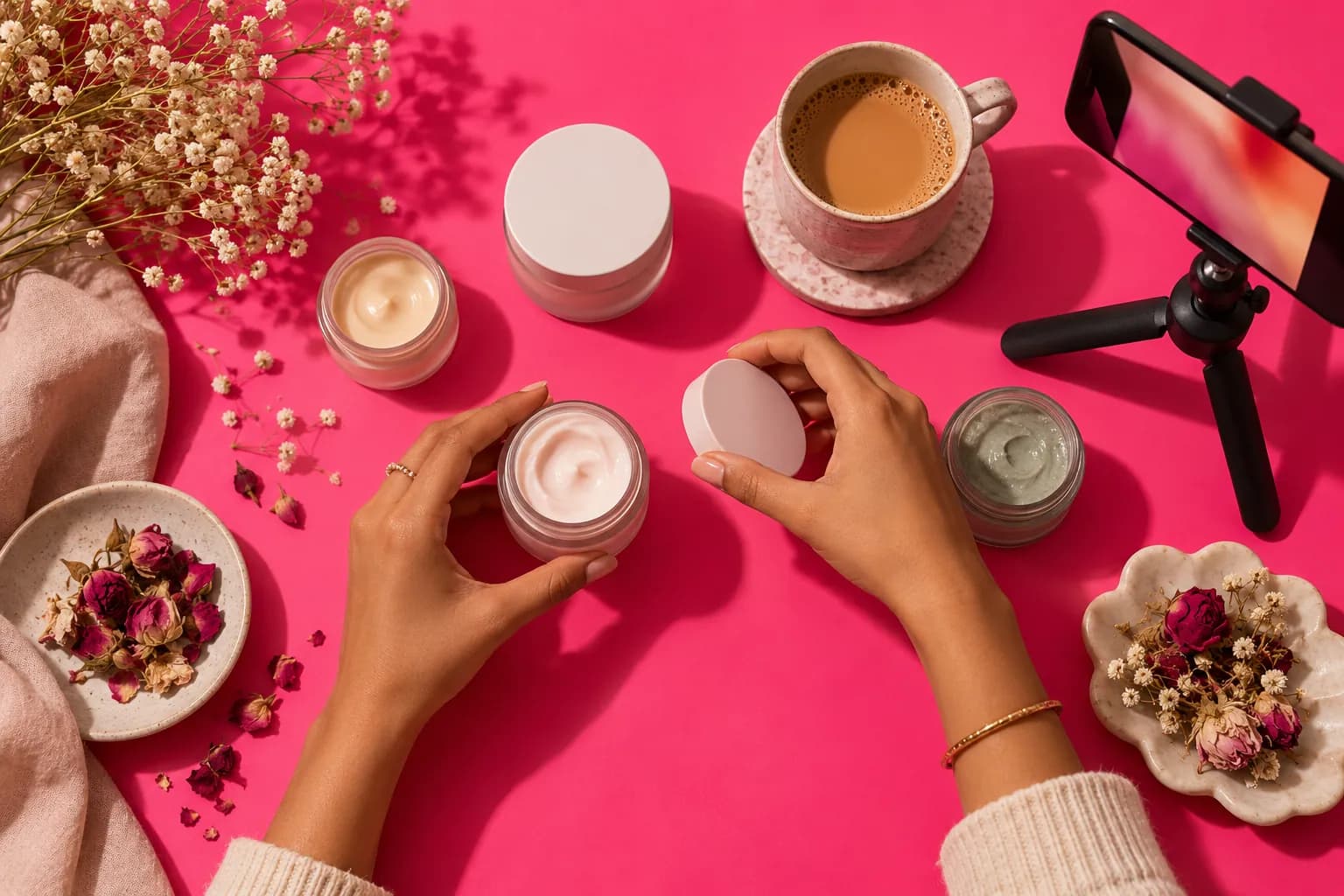 Hands arrange skincare jars on a pink backdrop while a phone films from above